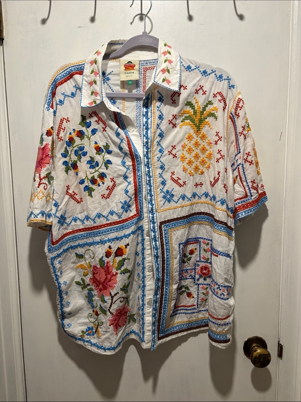 FARM RIO grandma embroidered tropical pattern button down top size small